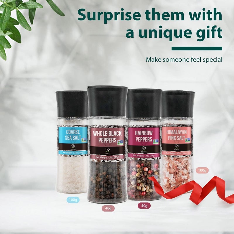 Soeos Spice Set: Black Peppercorns, Sea Salt, Rainbow Peppercorns & Pink Salt - Image 4
